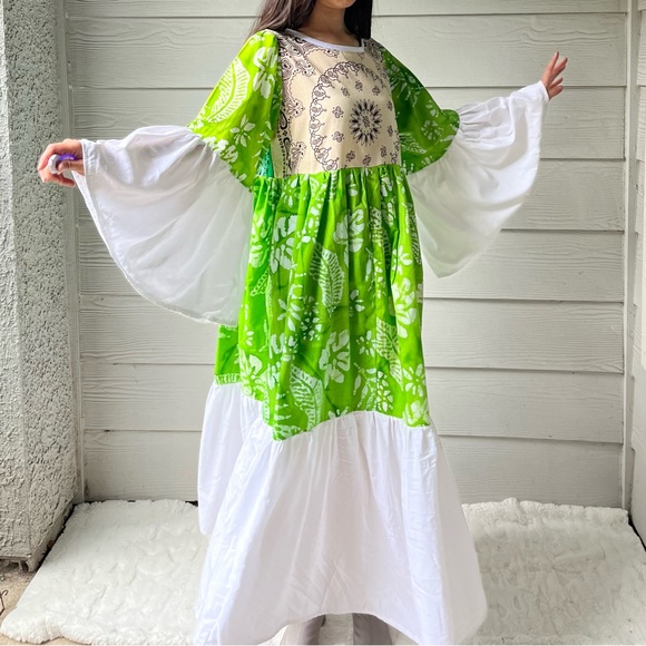 Handmade Wide Sleeves Maxi Bandana Dress SKU 11091 Green White - Picture 11 of 16